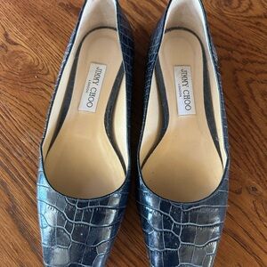 Jimmy Choo Navy Croc-Embossed Leather Square-Toe Flats